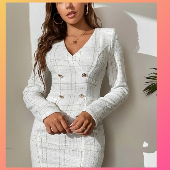 Shein White Plaid & Gold Button Detail Tweed Dress - Picture 3 of 8